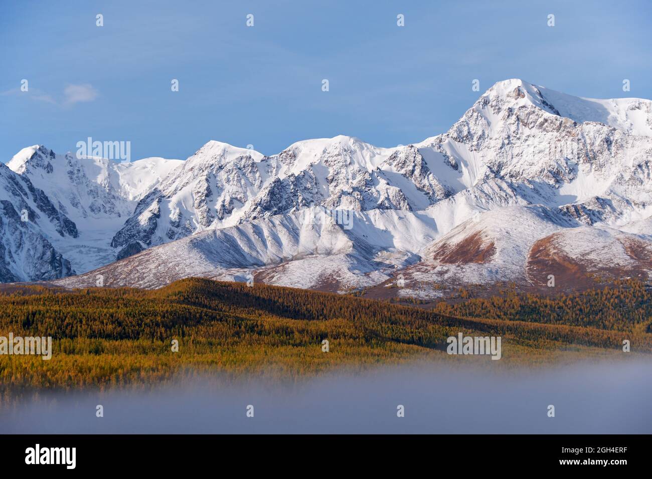 Blick auf den Altai-See Dzhangyskol auf dem Hochplateau Eschtykel. North Chui Ridge ist auf dem Hintergrund. Morgennebel über Wasser. Altai, Sibirien, Russland Stockfoto