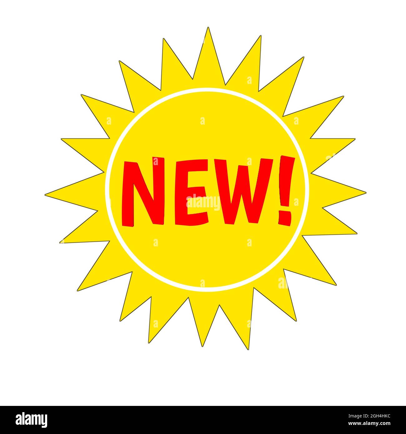 Neues Web Icon 3d. Ein isoliertes Etikett, Aufklebergrafik in goldenem Stern in roten Buchstaben. Werbung für Unternehmen und Finanzförderung Stockfoto