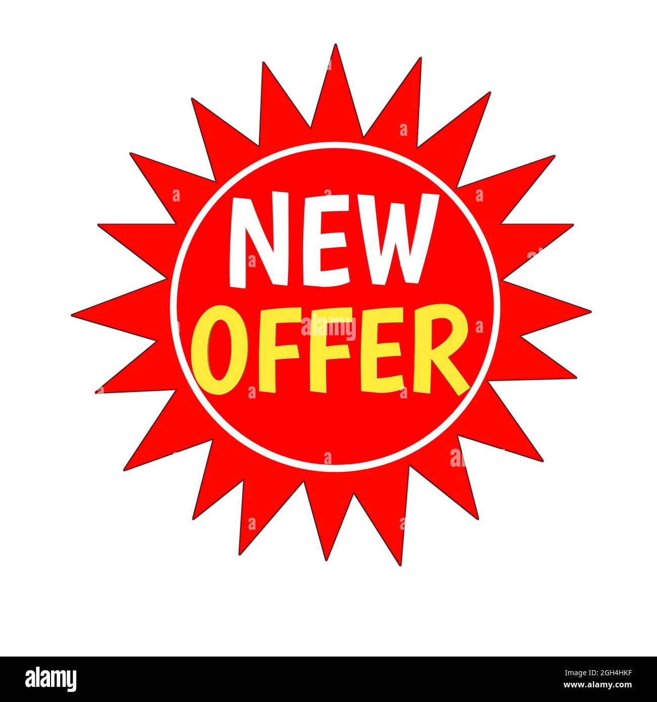 Neues Angebot Web Icon 3d. Ein isoliertes Etikett, Aufklebergrafik in rotem Stern in weißen und goldenen Buchstaben. Werbung für Unternehmen und Finanzförderung Stockfoto