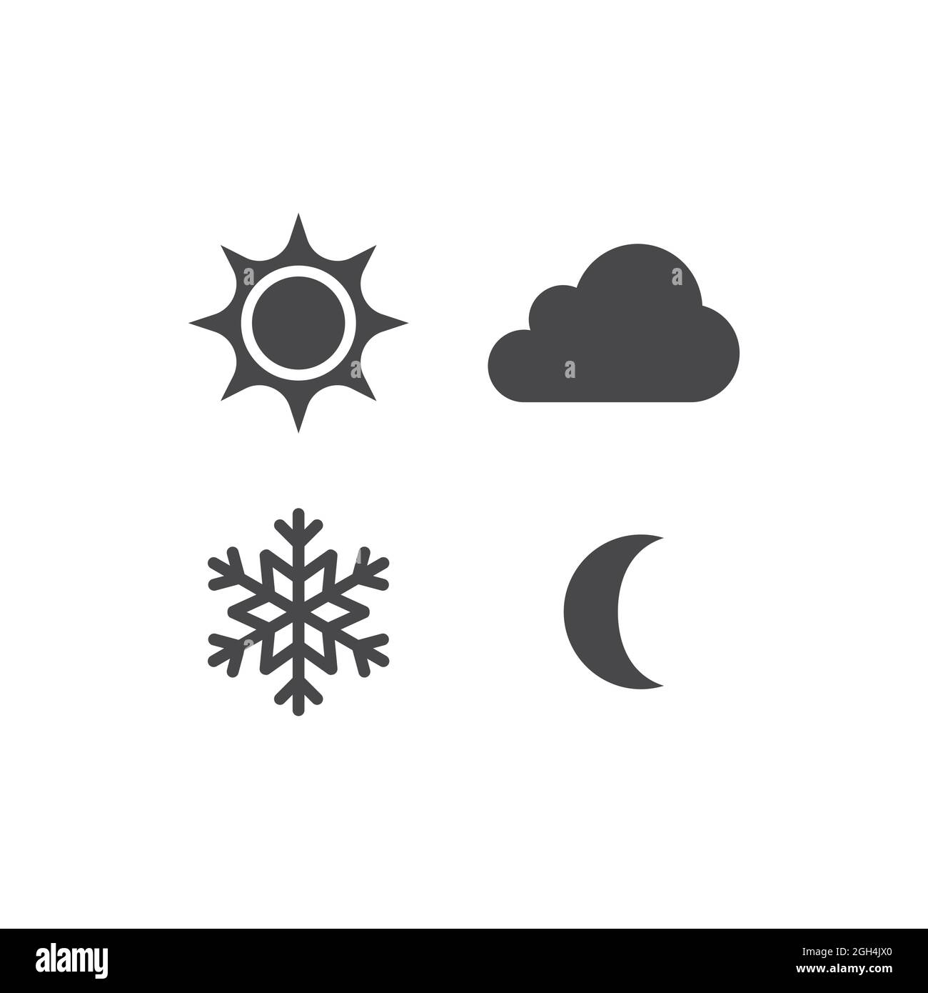 Vektorsymbole für Sonne, Schneeflocke, Wolke und Mond. Tag, Nacht, Sommer und Winter schwarzes Icon Set. Stock Vektor