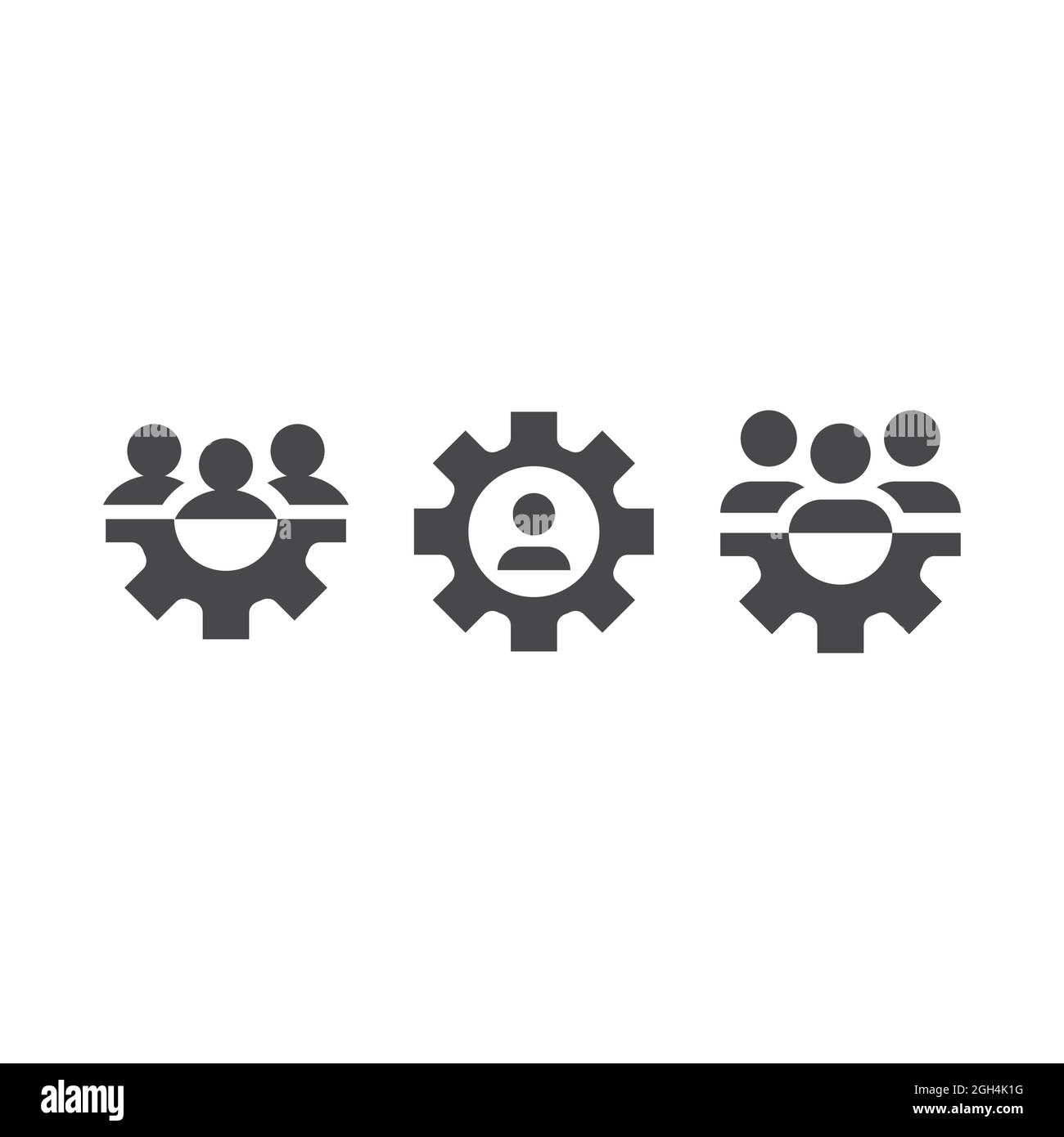 Getriebe- und Geschäftsteam, Symbol für Personalwesen. Zahnrad und Menschen, Teamarbeit schwarze Vektor-Icons. Stock Vektor