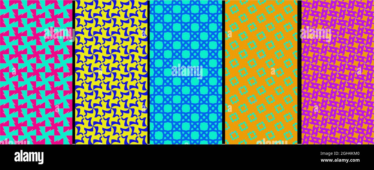 Set von hellen bunten Hintergründen mit modernen minimalistischen Etiketten. Niedliche abstrakte Texturen. Sich wiederholende bunte abstrakte Formen. Stock Vektor