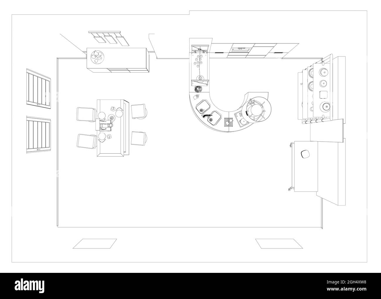Kontur der Küche mit Tisch und Stühlen aus schwarzen Linien isoliert auf weißem Hintergrund. Blick von oben. Vektorgrafik. Stock Vektor