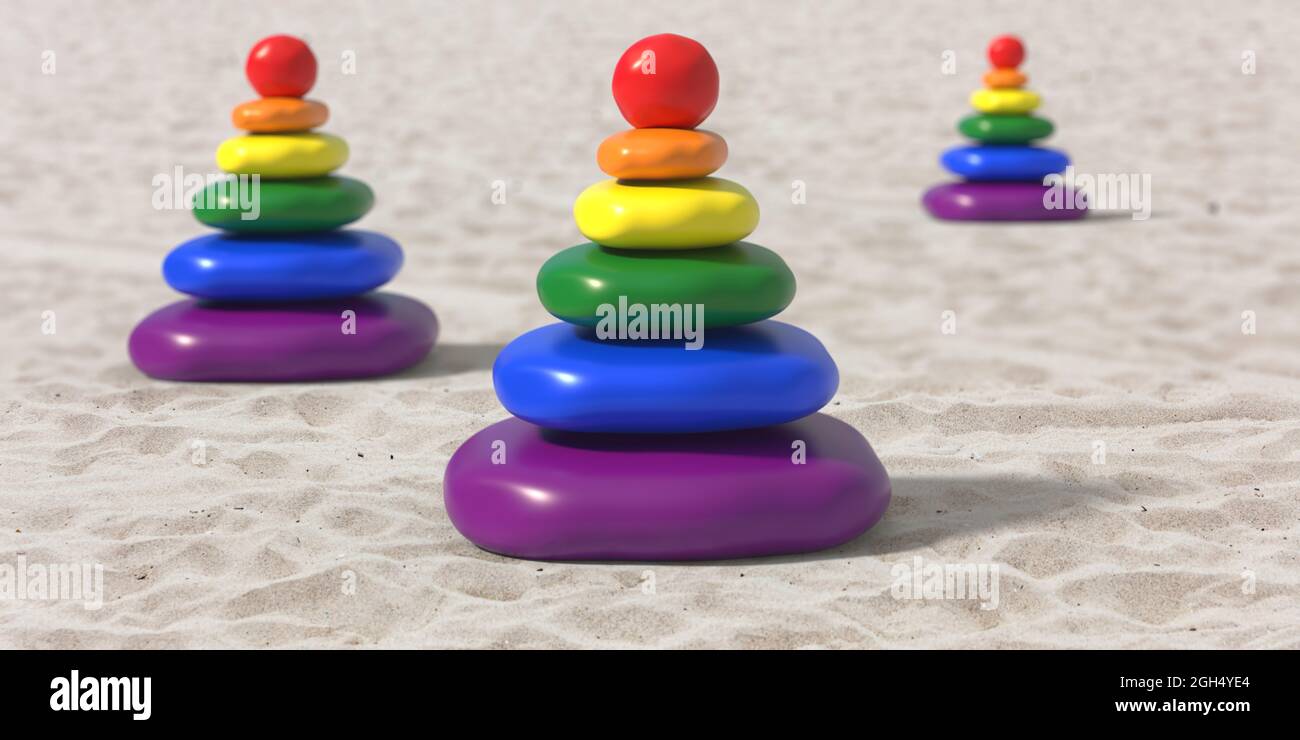 Zen-Steine in Gay-Pride-Farben balancieren auf Sand. Regenbogenfarben natürliche Kieselsteine Pyramidentürme, sandiger Hintergrund. 3d-Illustration Stockfoto