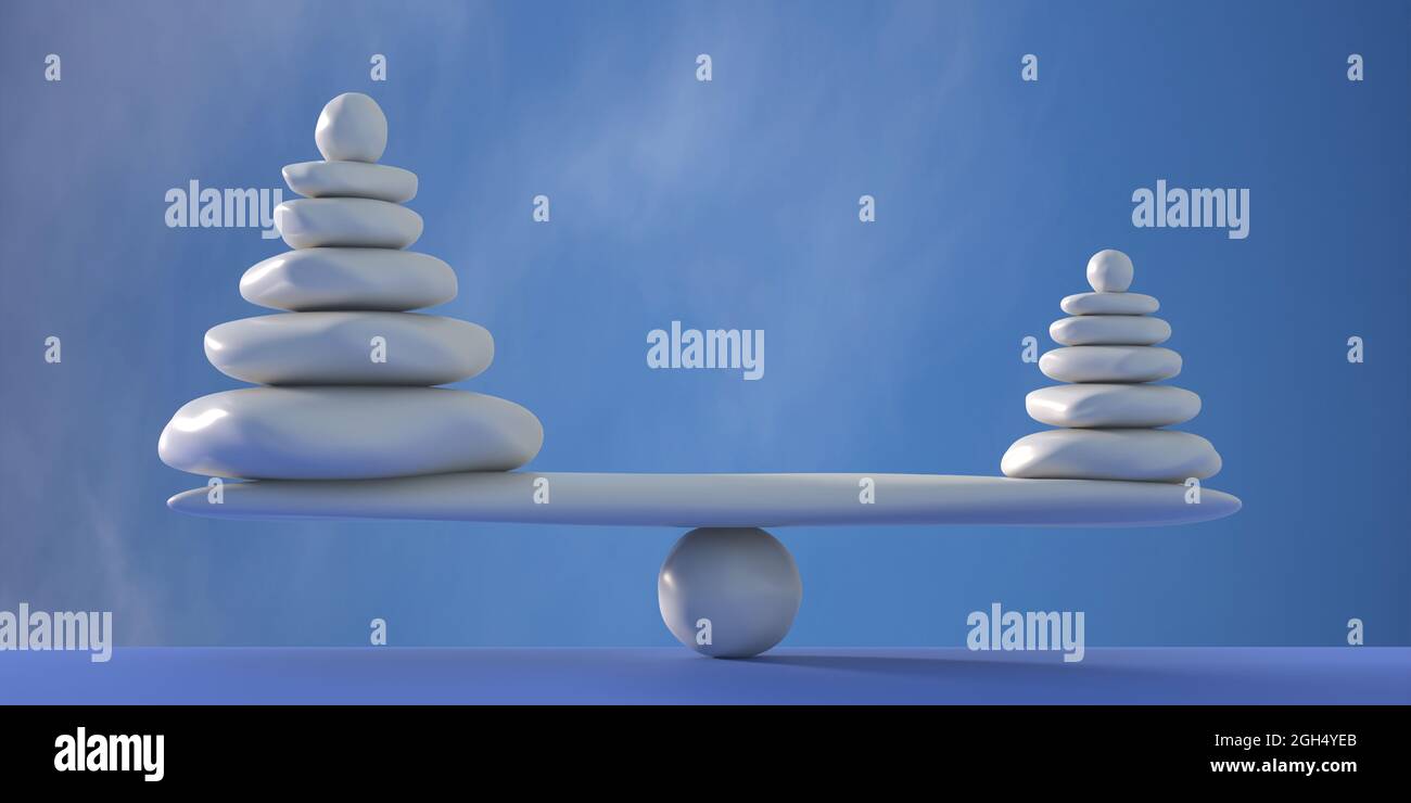 Harmonie und Balance, Gewicht vor-und Nachteile Konzept. Zen-Steine natürliche Schuppen, glatte Kieselsteine Gleichgewicht, blauer Himmel Hintergrund. 3d-Illustration Stockfoto