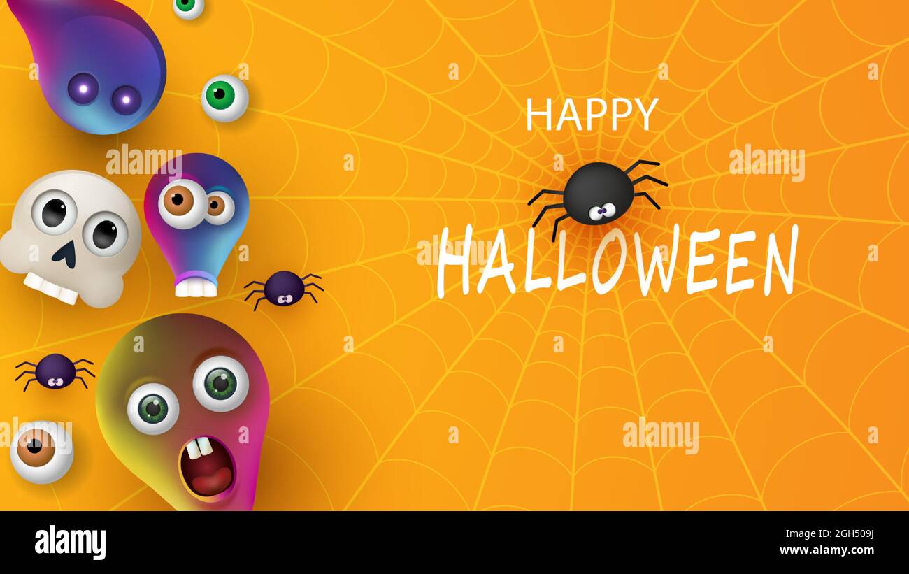 Happy Halloween Banner oder Party Einladung orange Hintergrund mit Spinnen und Monster. Vektorgrafik. Stock Vektor