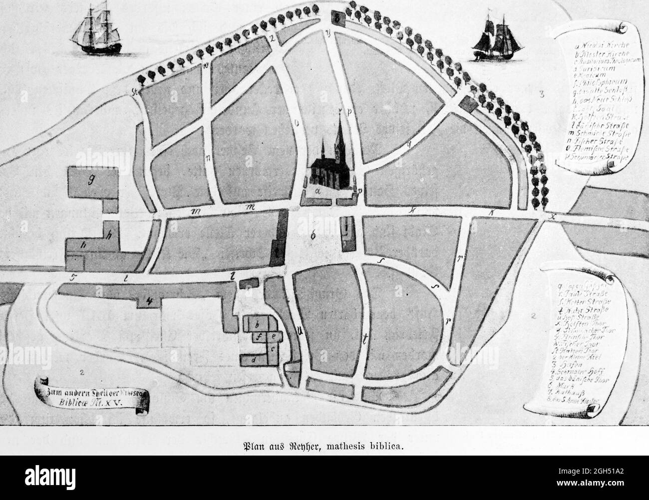 Historischer Stadtplan von Kiel im 17. Jahrhundert mit den wichtigsten Gebäuden und Straßen, die durch Buchstaben gekennzeichnet sind, Schleswig-Holstein, Norddeutschland, Stockfoto