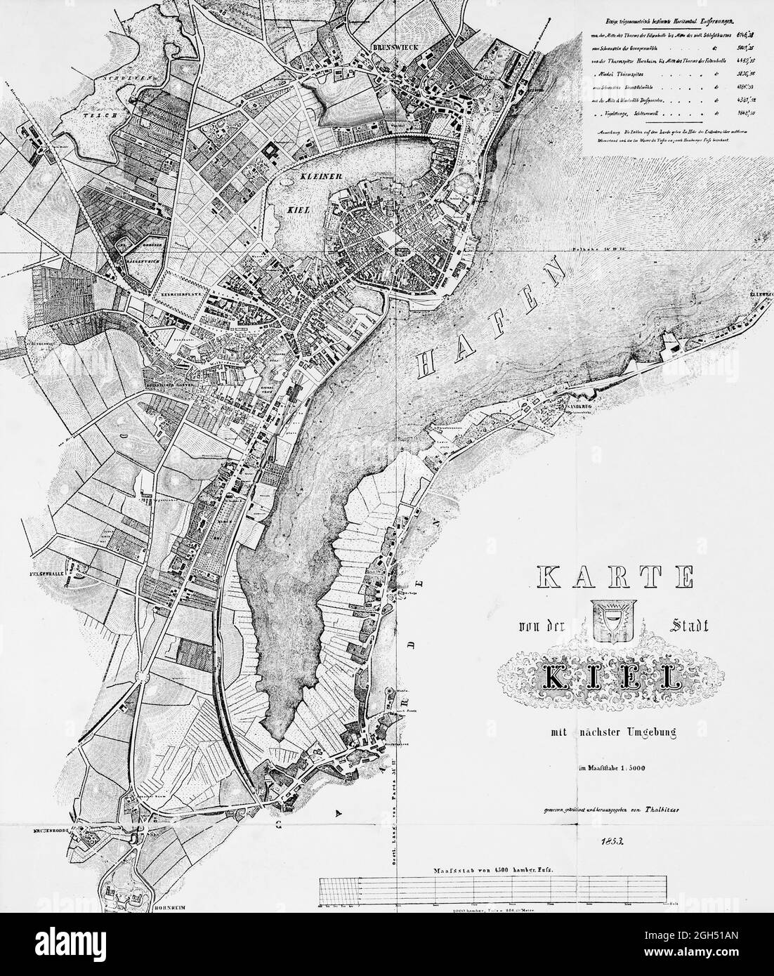 Historische Karte von Kiel und Umgebung im Jahr 1853, Maßstab 1:5000 Fuss, Schleswig-Holstein, Norddeutschland, Europa Stockfoto