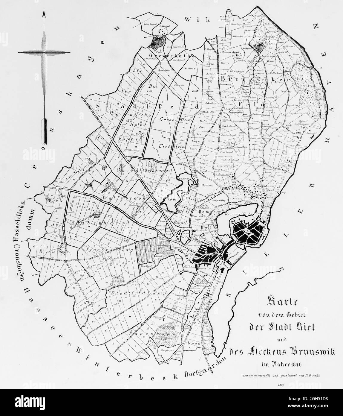 Historische Landkarte aller Immobilien der Stadt Kiel im Jahr 1846, Illustration, Schleswig-Holstein, Norddeutschland, Stockfoto