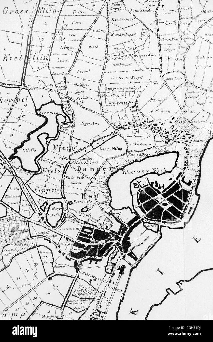 Detail der historischen Landkarte von Kieler Immobilien im Jahr 1846, Illustration, Bundesland Schleswig-Holstein, Norddeutschland, Stockfoto
