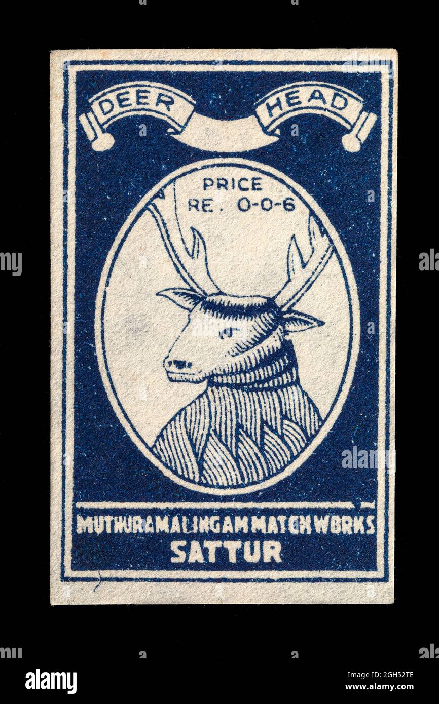 Deer Head Match Label aus Indien um 1950. Rohe, künstlerische Darstellung eines Hirsches, der die Streichhölzer der Firma Muthuramal Ingam Sattur anwirbt Stockfoto