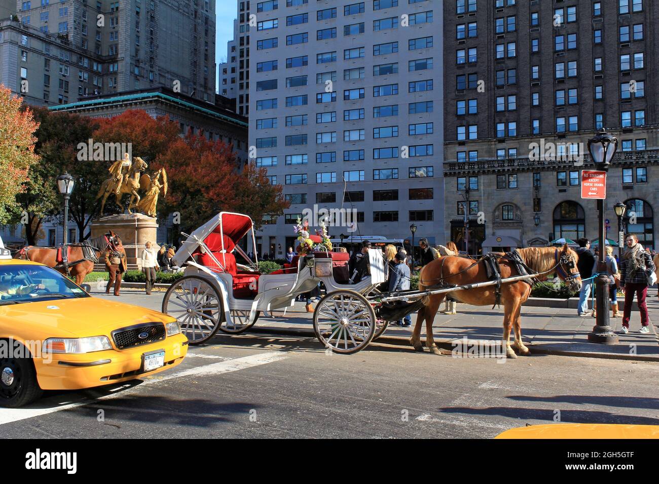 New York, USA - 21. November 2010: Pferdekutschenreiter im Central Park. Pferdekutschen sind eine wunderbare Möglichkeit, die Schönheit des Cen zu erleben Stockfoto