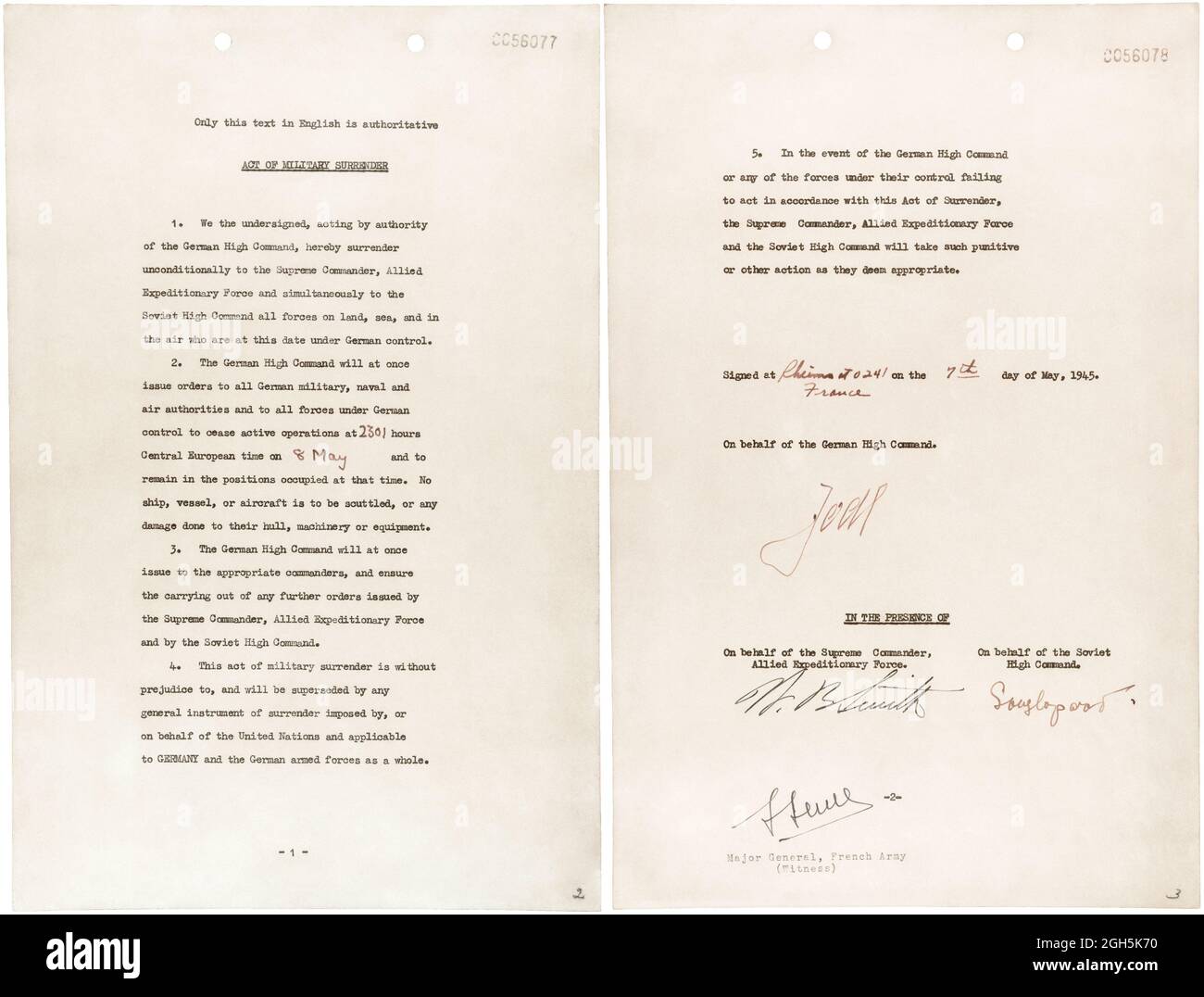 Das von Deutschland unterzeichnete Kapitulationsinstrument, das den 2. Weltkrieg in Europa beendete, unterzeichnet von Alfred Jodl Stockfoto