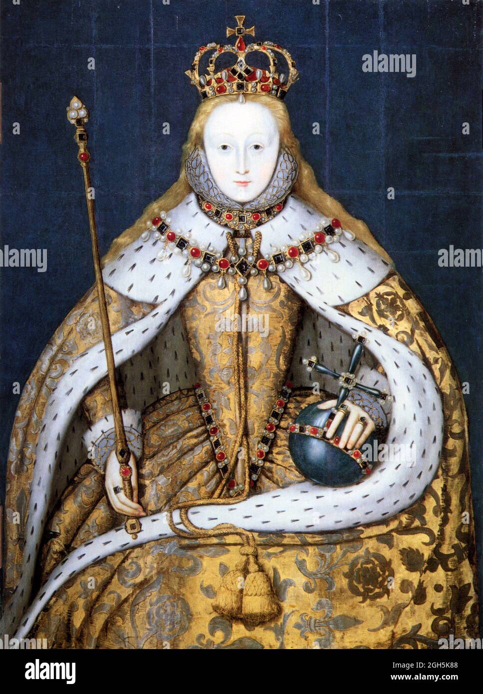 Ein Porträt von Königin Elizabeth I., die von 1558 bis 1603 Königin von England war. Sie ist in ihren Krönungsroben gekleidet und hält den Reichsapfel und das Zepter Stockfoto