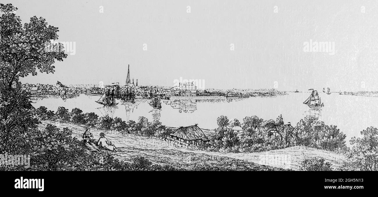 Blick auf die historische Stadt Kiel an der Ostsee Seaarong im Jahr 1800, Gravur 1899, Kiel, Kiel Fjord, Schleswig-Holstein, Norddeutschland, Stockfoto