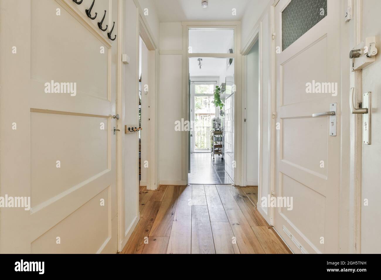 Innen heller Flur mit Holzboden und weißen Türen in einer modernen, sonnendurchfluteten Wohnung Stockfoto