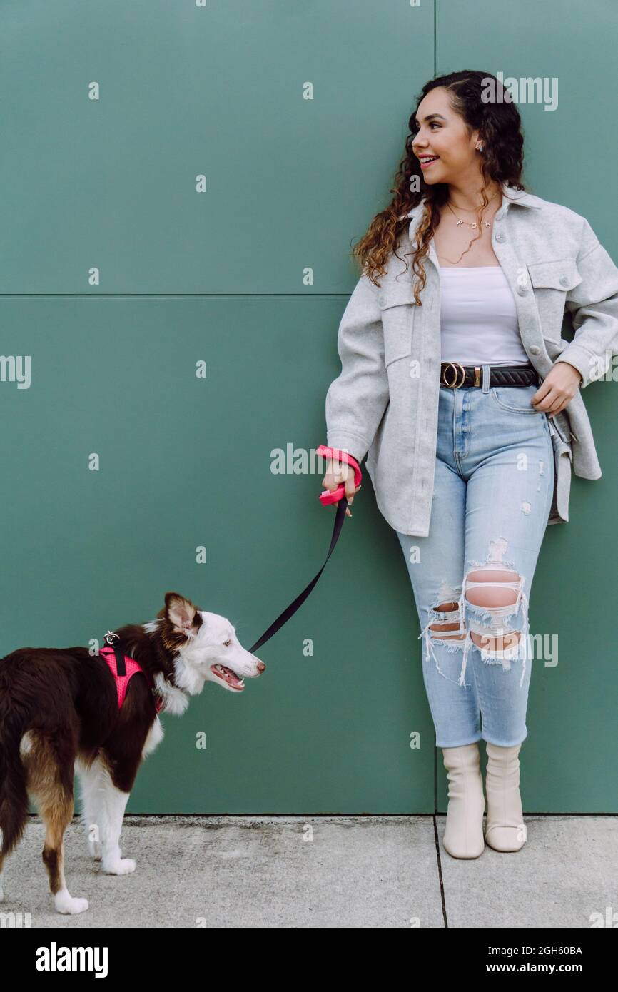 Crop unkenntlich weibliche Besitzerin hockt in der Nähe der Wand mit entzückenden flauschigen Border Collie Hund an der Leine während Spaziergang in der Stadt Straße Stockfoto