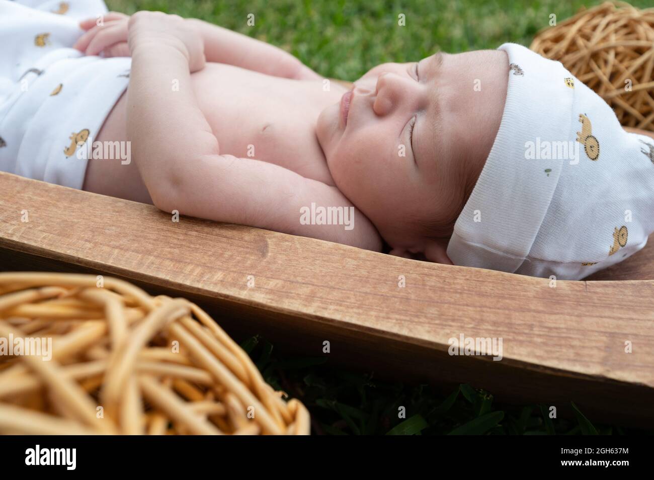 Niedliches kleines Neugeborenes, das schläft, während es in der hölzernen Wanne auf grünem Gras liegt Stockfoto