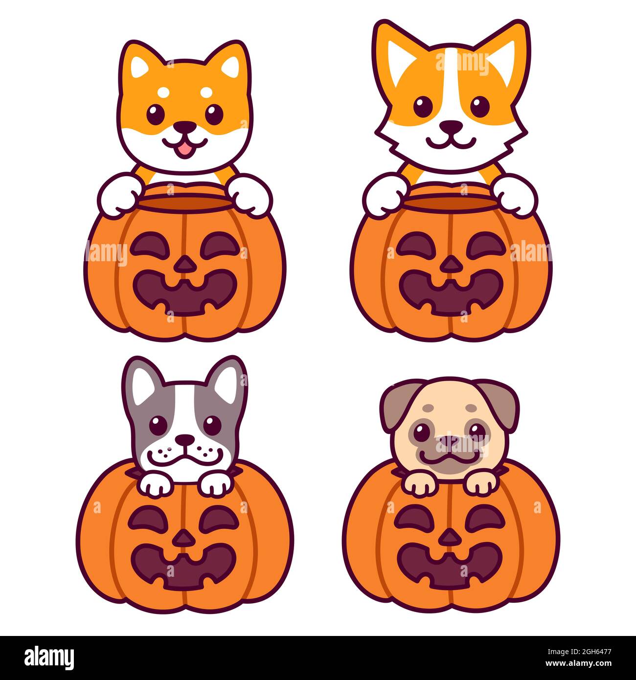 Niedliche Cartoon-Hunde mit Halloween-Kürbissen. Corgi, Shiba Inu, French Bulldog und Pug. Lustige Zeichen gesetzt, Vektor Clip Art Illustration. Trick oder Trea Stock Vektor