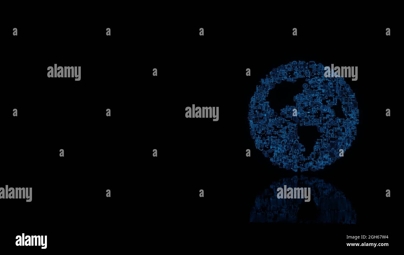3d-Rendering verschiedene blaue Draht glühenden mechanischen Teilen in Form von Symbol des Globus Amerikas Kontinente isoliert auf schwarzem Hintergrund mit Reflexion o Stockfoto
