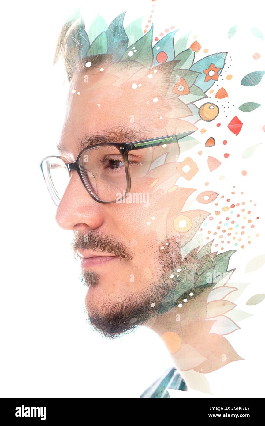 Paintographie. Porträt eines jungen Mannes mit Bart kombiniert mit einem Gemälde Stockfoto