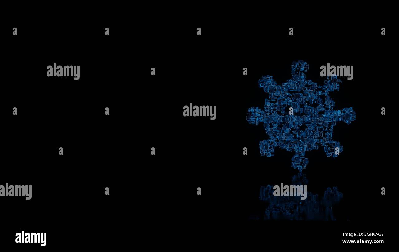 3d-Rendering verschiedener blauer Draht glühende mechanische Teile in Form von Symbol des Coronavirus unter dem Mikroskop isoliert auf schwarzem Hintergrund mit reflectio Stockfoto