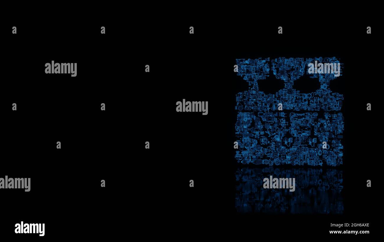 3d-Rendering verschiedene blaue Draht glühenden mechanischen Teilen in Form eines Symbols von landwirtschaftlichen Pflanzen isoliert auf schwarzem Hintergrund mit Reflexion auf dem Boden Stockfoto