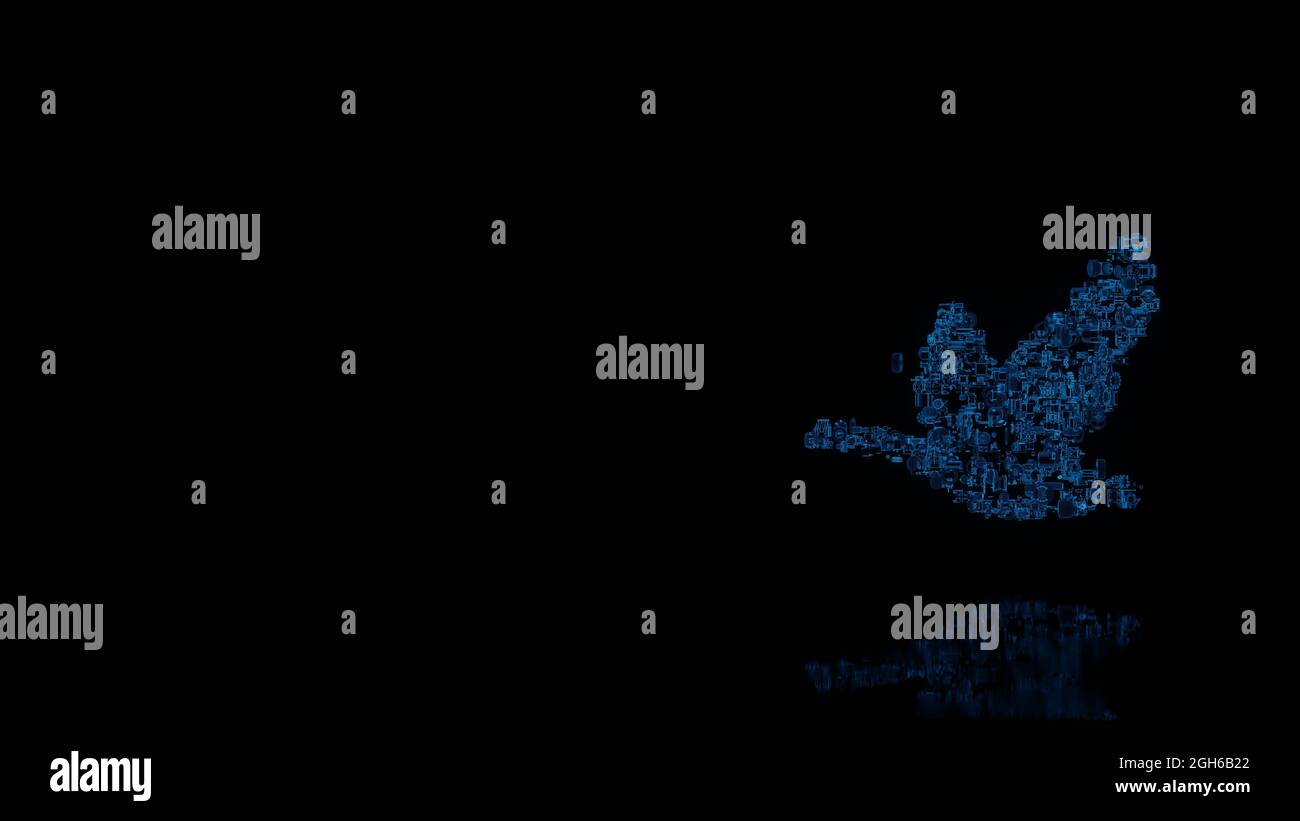 3d-Rendering verschiedene blaue Draht glühenden mechanischen Teilen in Form eines Symbols der fliegenden Gans wild Vogel isoliert auf schwarzem Hintergrund mit Reflexion auf f Stockfoto