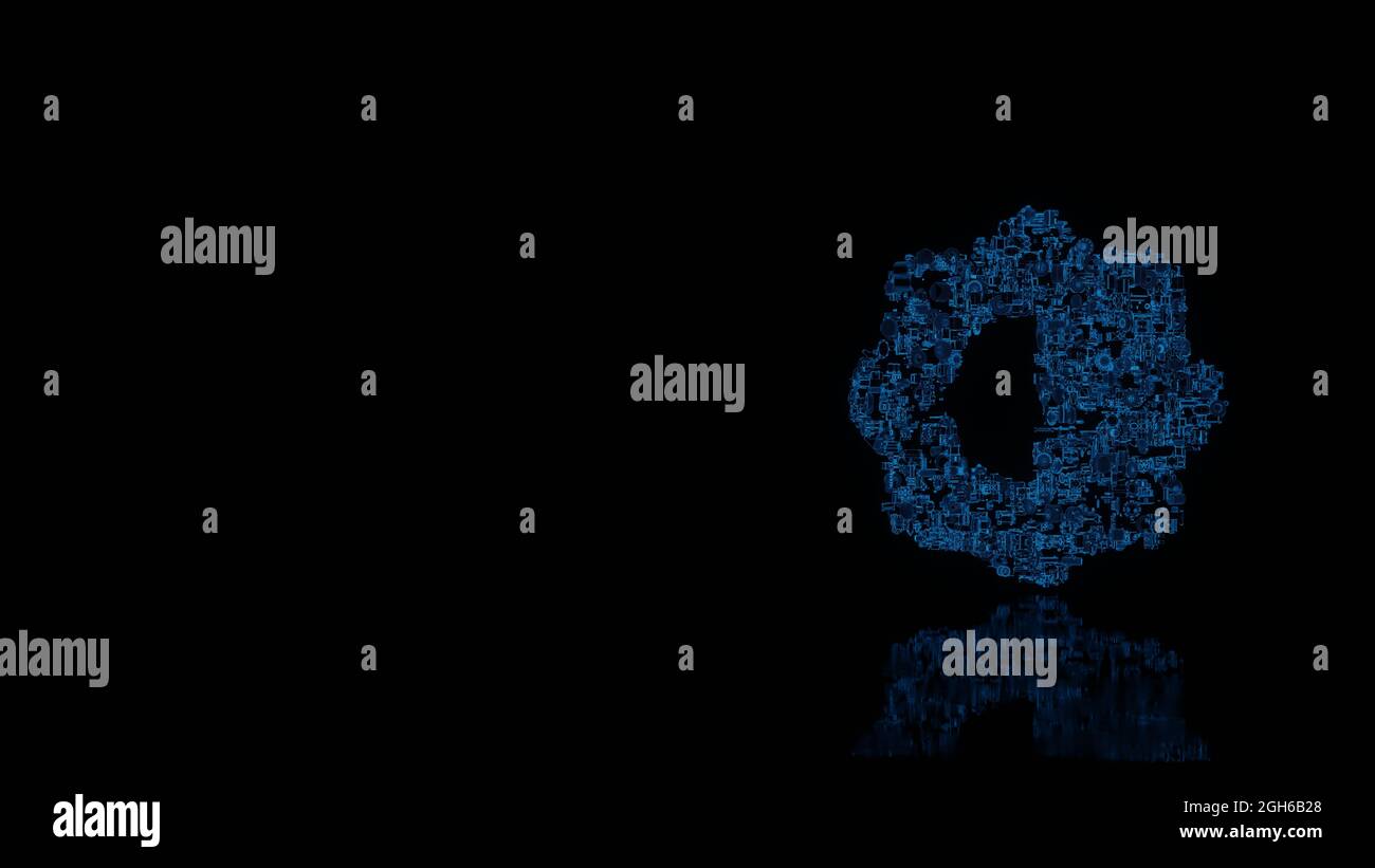 3d-Rendering verschiedene blaue Draht glühende mechanische Teile in Form eines Symbols der halben Kamera isoliert auf schwarzem Hintergrund mit Reflexion auf dem Boden Stockfoto