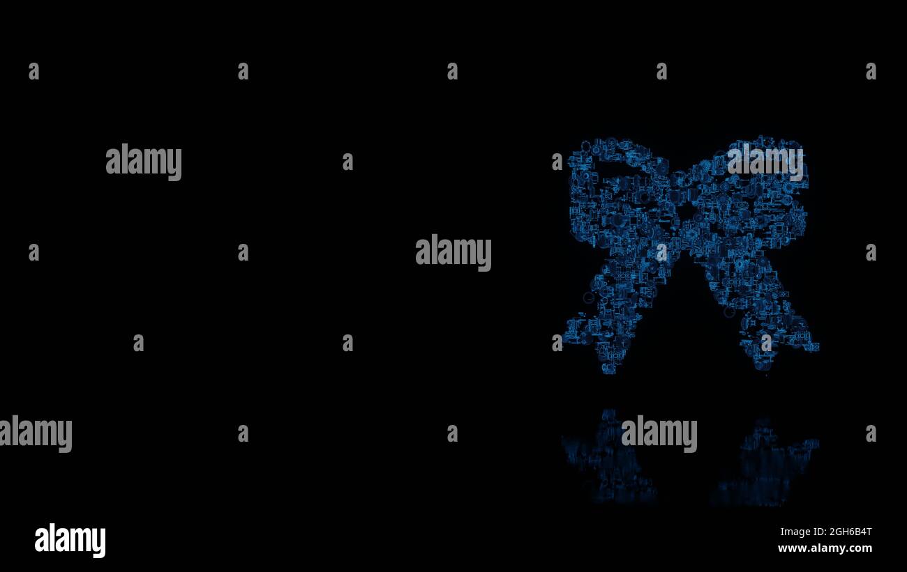 3d Rendering verschiedene blaue Draht glühenden mechanischen Teilen in Form von Symbol der Weihnachtsbogen Dekoration isoliert auf schwarzem Hintergrund mit Reflexion auf Stockfoto