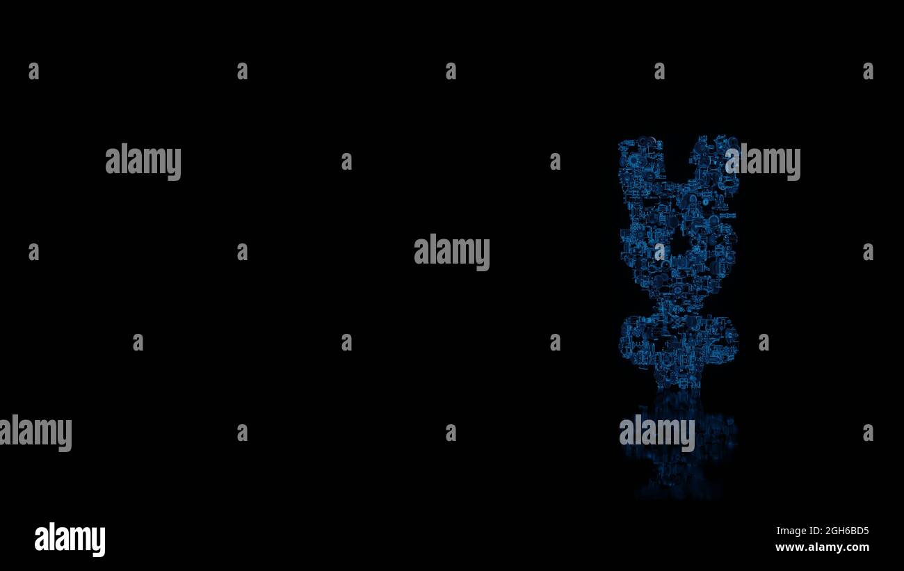 3d-Rendering verschiedene blaue Draht glühenden mechanischen Teilen in Form eines Symbols von Quecksilber Zeichen isoliert auf schwarzem Hintergrund mit Reflexion auf dem Boden Stockfoto