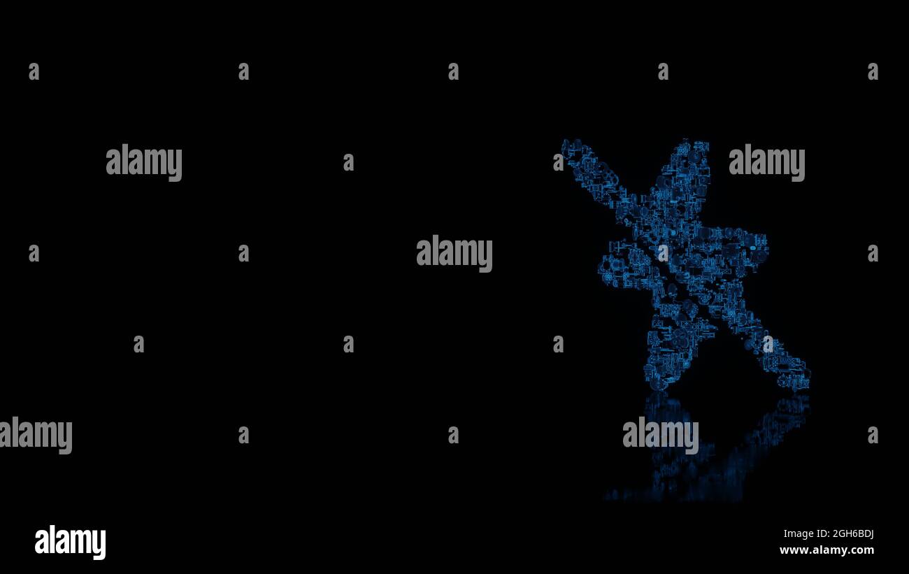 3d-Rendering verschiedene blaue Draht glühende mechanische Teile in Form eines Symbols für keine Blitzkamera Einstellungen, kein Licht isoliert auf schwarzem Hintergrund mit Ref Stockfoto