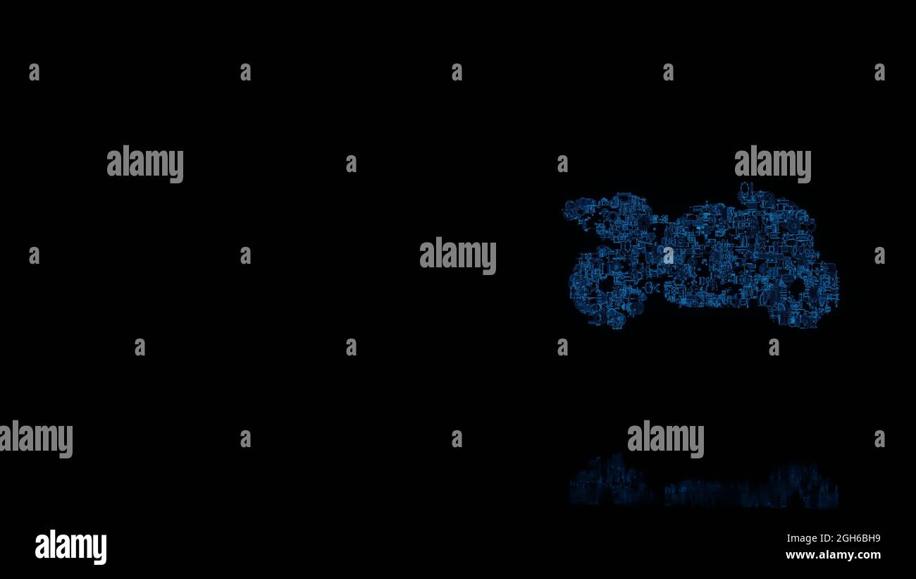 3d-Rendering verschiedene blaue Draht glühenden mechanischen Teilen in Form von Symbol des Rennmotorrads aus Profil isoliert auf schwarzem Hintergrund mit reflecti Stockfoto