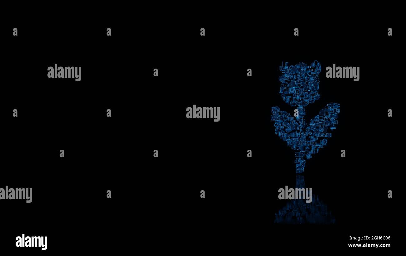 3d-Rendering verschiedene blaue Draht glühenden mechanischen Teilen in Form eines Symbols der Tulpenblume isoliert auf schwarzem Hintergrund mit Reflexion auf dem Boden Stockfoto