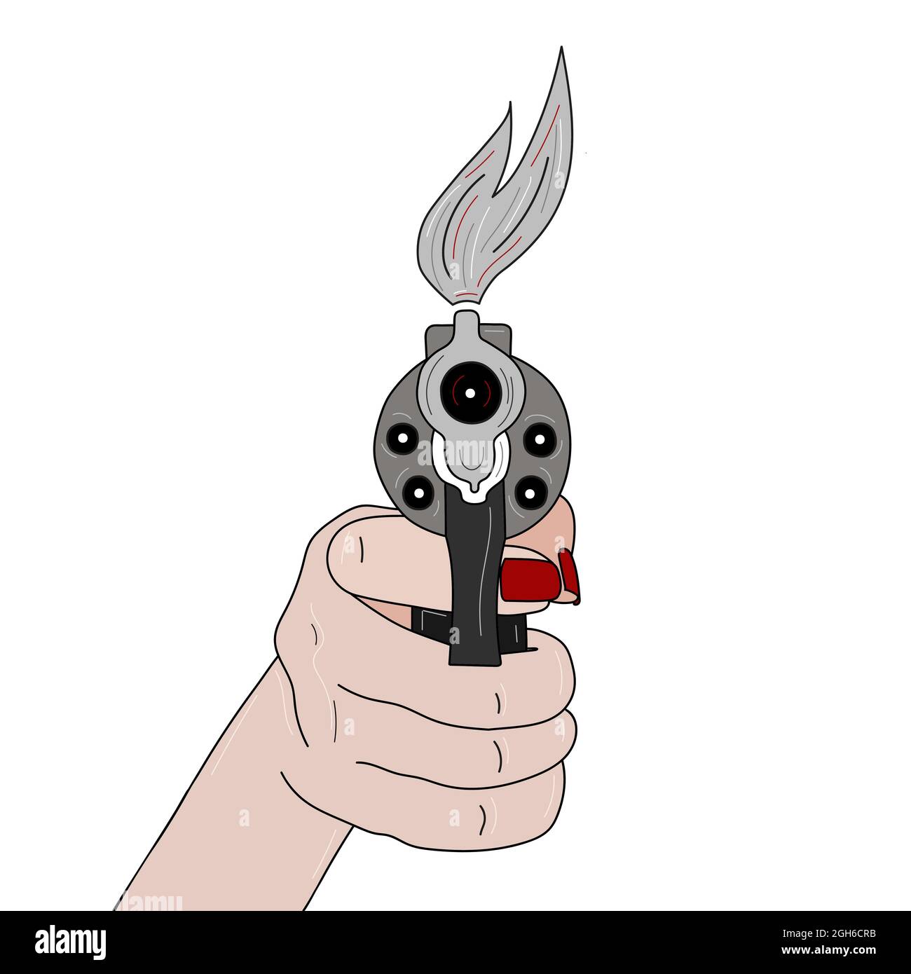 Ein Gewehr in der Hand eines Mädchens mit einer roten Maniküre mit Rauch von einem Schusswaffenschuss. Vektorgrafik. Stock Vektor