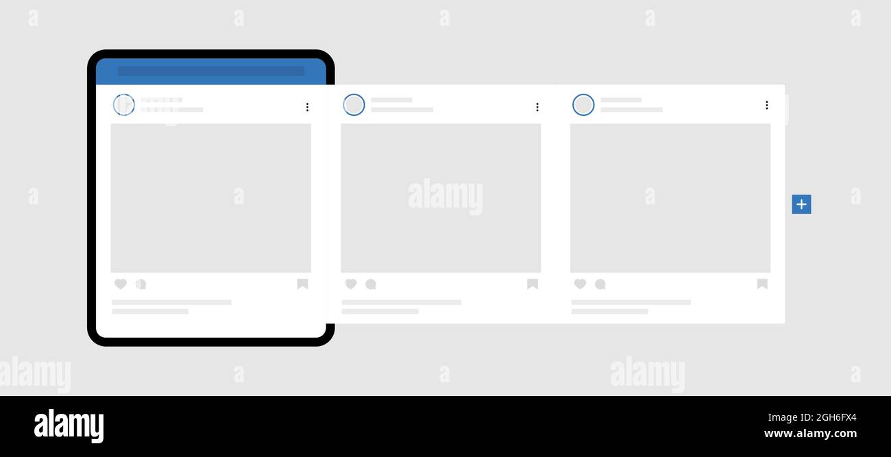 Realistischer Tablet-pc mit Karussellpfosten. Carousel Interface Post-Mockup-Vorlage. Werbeanzeigen in sozialen Netzwerken posten. Stock Vektor
