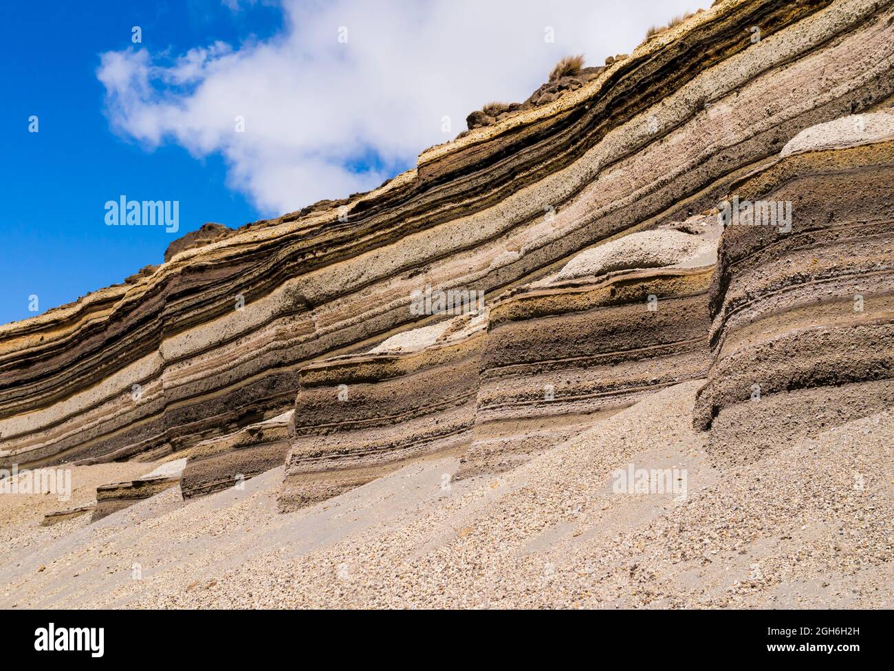 Atemberaubende geologische Formationen aus bunten pyroklastischen Schichten an den Hängen des Chimborazo-Nationalparks in Ecuador Stockfoto