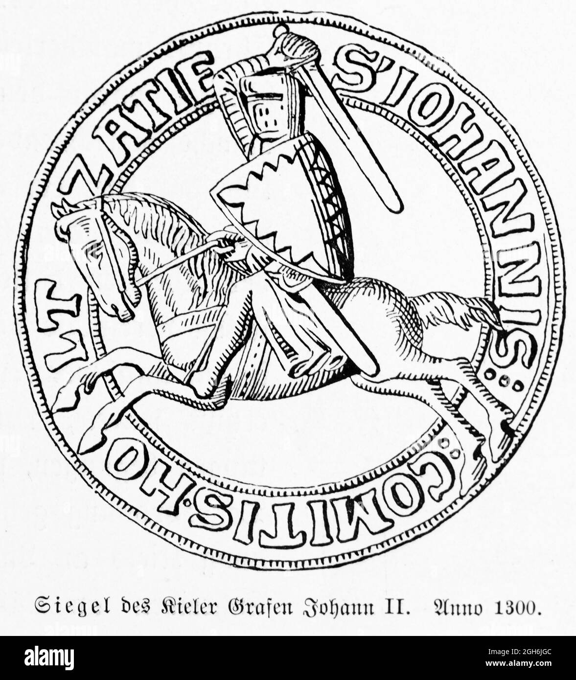 Siegel des Kieler Earl Johann II anno 1300, historischer Stich von 1899, Kiel, Schleswig-Holstein, Norddeutschland, Stockfoto