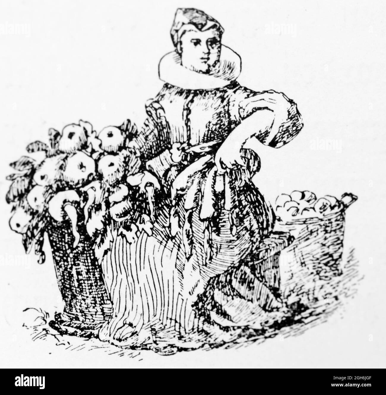 Greengocer von etwa dem Jahr 1650 verkauft ihre Produkte außerhalb auf dem Markt, historische Gravur von 1899, Kiel, Schleswig-Holstein, Norddeutschland, Stockfoto