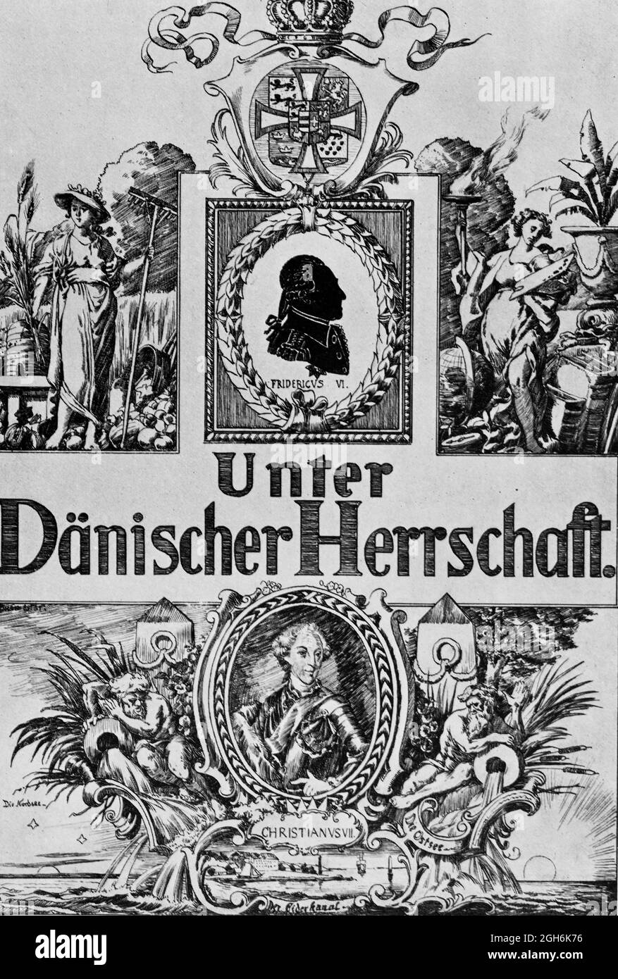 Frontispiz zum Kapitel unter dänischer Herrschaft (1779-1864) mit verschiedenen Gemälden, historischer Stich von 1899, Kiel, Schleswig-Holstein, Deutschland, Stockfoto
