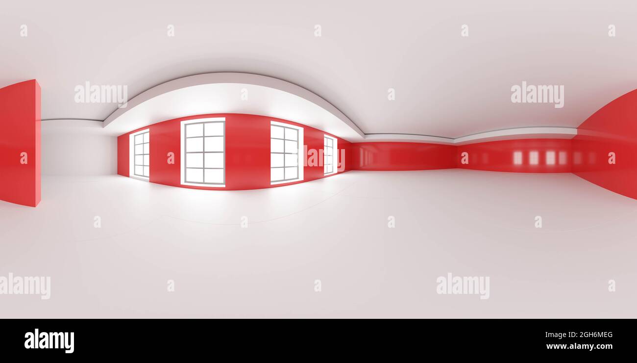 Vollständige 360-Grad-Panorama-Umgebung Karte der abstrakten roten Wand Studio Loft Innenraum 3d Rendering Illustration hdri hdr vr Stil Design Panorama Stockfoto