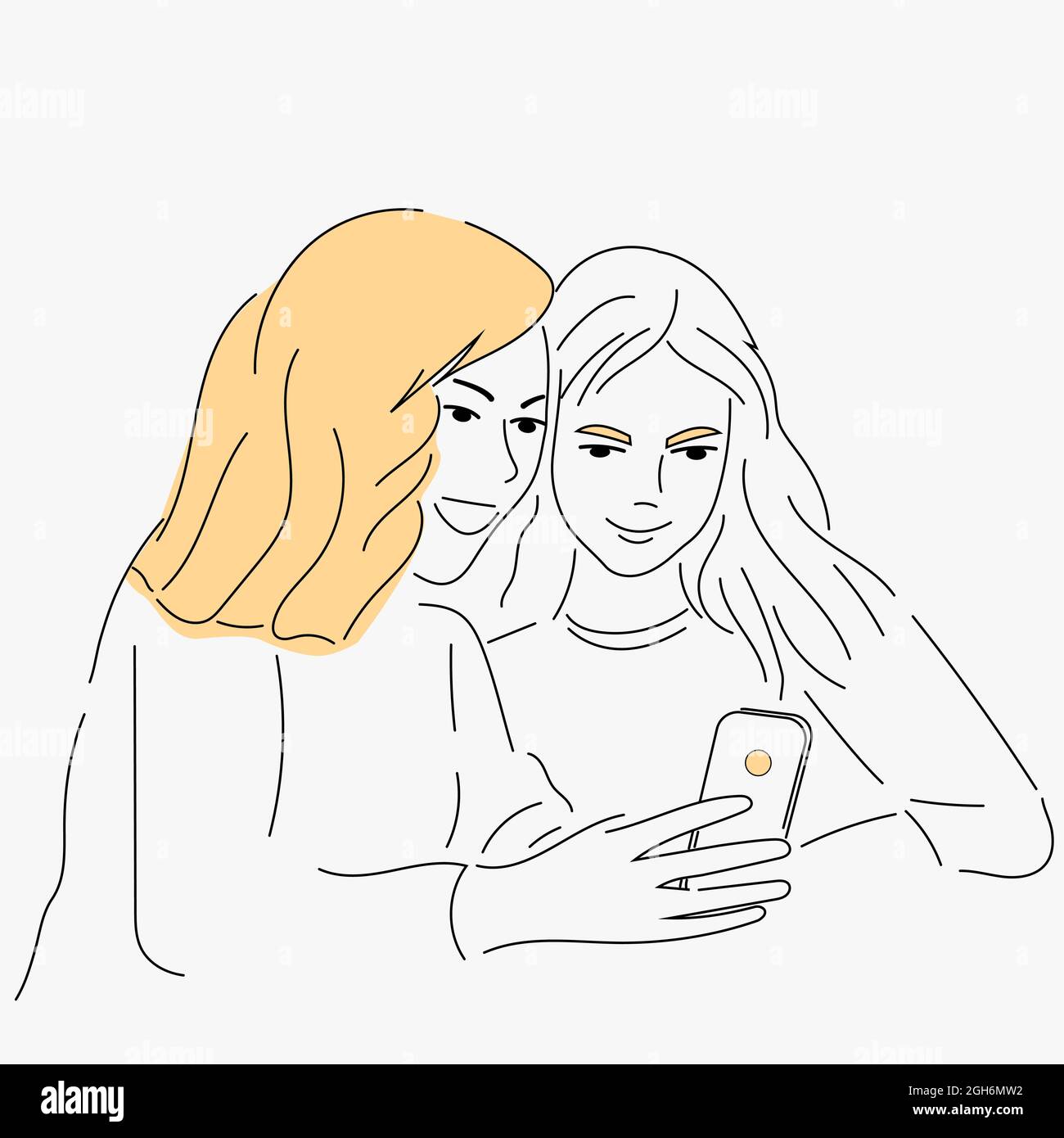 Zwei Mädchen schauen sich das Telefon an. Freundschaft und Kommunikation. Vektor-Handzeichnung Stock Vektor