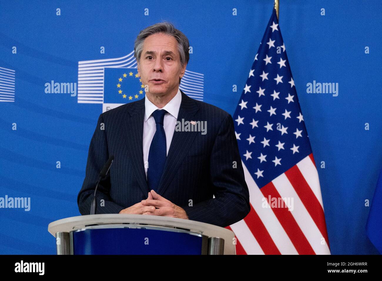 Presseerklärung von Antony Blinken, US-Außenminister in der Europäischen Kommission. Brüssel. Stockfoto