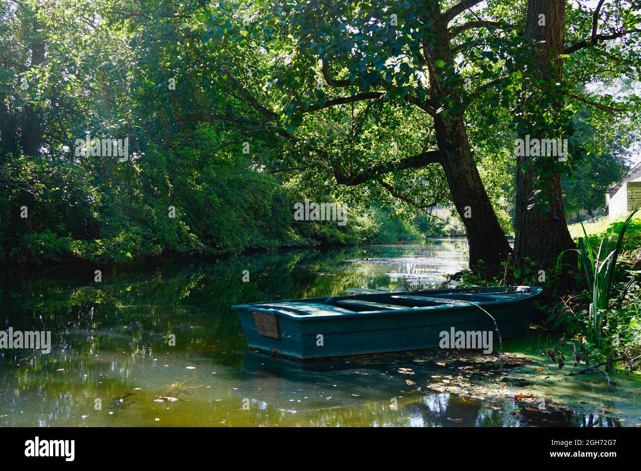 Romantisches Ruderboot auf dem Fluss Stockfoto