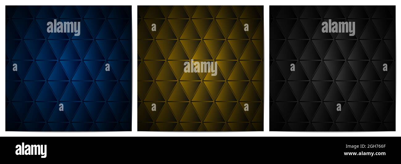 Set von abstrakten geometrischen Muster mit Dreieck-Form elegant aus blau, Gold und schwarzem Hintergrund Stock Vektor