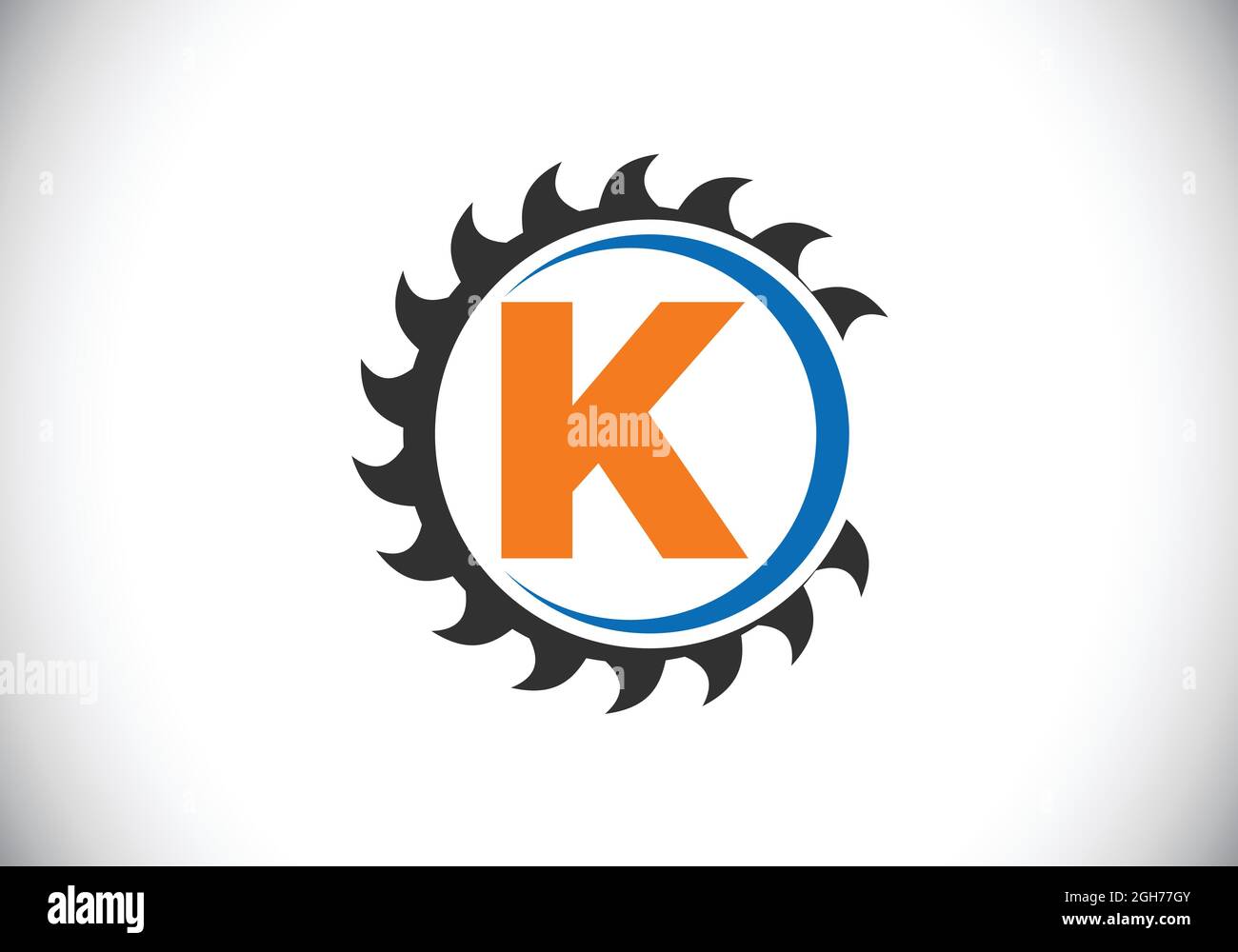 Anfängliches K-Monogramm-Alphabet mit dem Sägeblatt. Zimmerei, Holzbearbeitung Logo-Design. Schrift-Emblem. Modernes Vektor-Logo für Sägewerk Geschäft und Unternehmen Stock Vektor