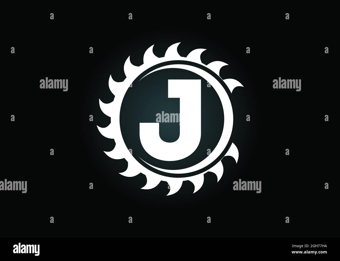 Anfängliches J-Monogramm-Alphabet mit dem Sägeblatt. Zimmerei, Holzbearbeitung Logo-Design. Schrift-Emblem. Modernes Vektor-Logo für Sägewerk Geschäft und Unternehmen Stock Vektor