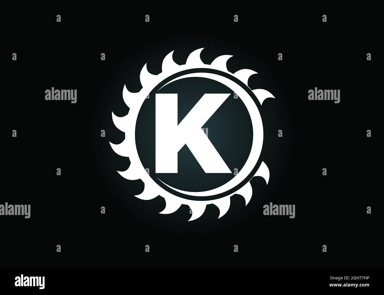 Anfängliches K-Monogramm-Alphabet mit dem Sägeblatt. Zimmerei, Holzbearbeitung Logo-Design. Schrift-Emblem. Modernes Vektor-Logo für Sägewerk Geschäft und Unternehmen Stock Vektor
