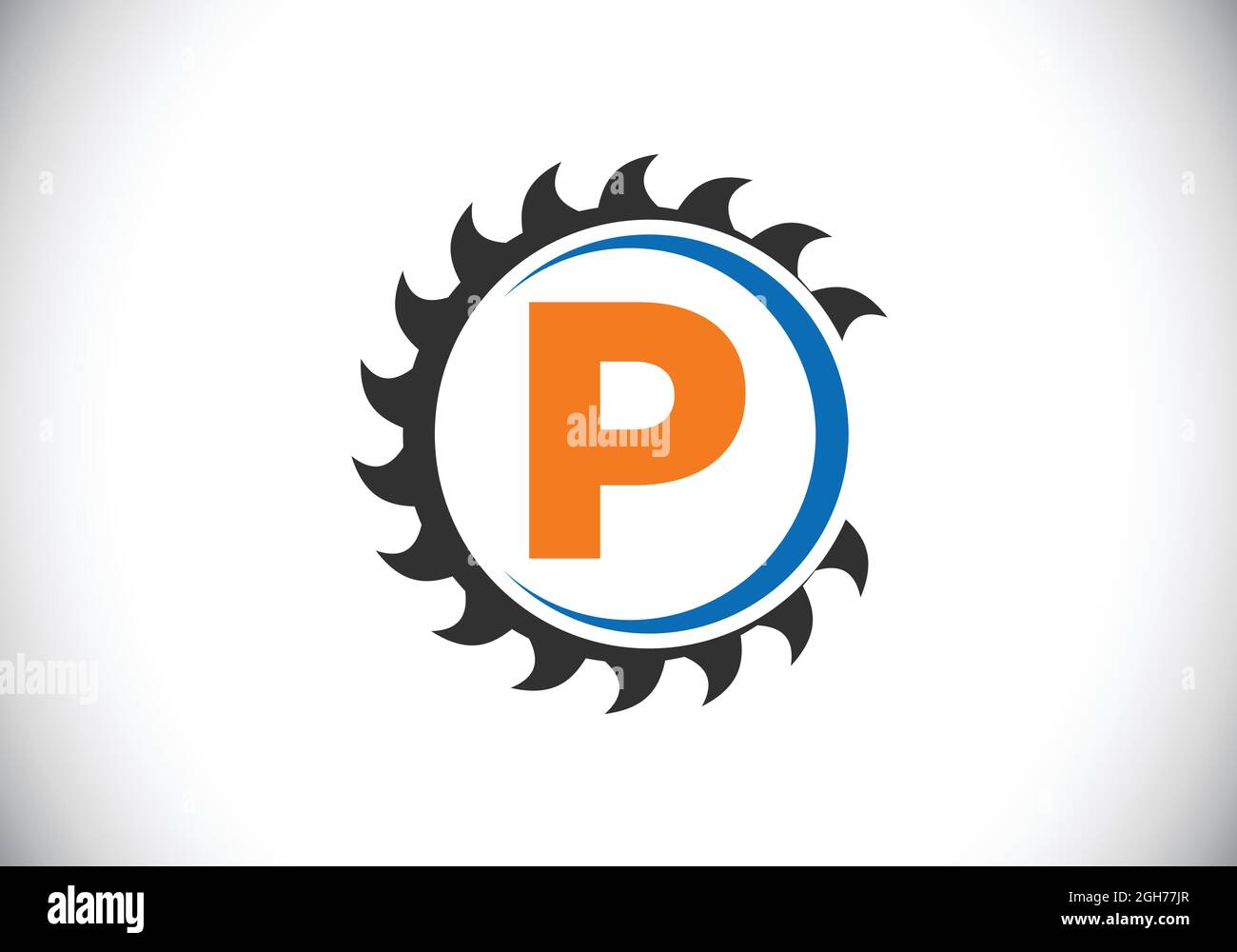 Anfängliches P-Monogramm-Alphabet mit dem Sägeblatt. Zimmerei, Holzbearbeitung Logo-Design. Schrift-Emblem. Modernes Vektor-Logo für Sägewerk Geschäft und Unternehmen Stock Vektor