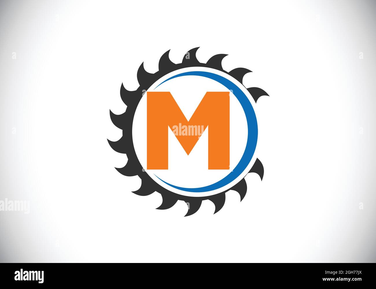 Anfängliches M-Monogramm-Alphabet mit dem Sägeblatt. Zimmerei, Holzbearbeitung Logo-Design. Schrift-Emblem. Modernes Vektor-Logo für Sägewerk Geschäft und Unternehmen Stock Vektor